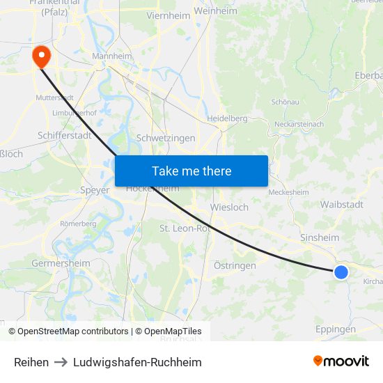 Reihen to Ludwigshafen-Ruchheim map