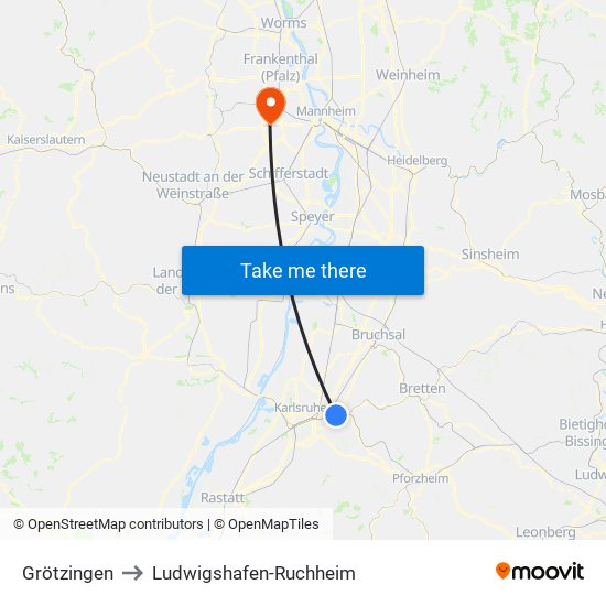 Grötzingen to Ludwigshafen-Ruchheim map