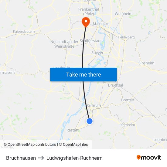 Bruchhausen to Ludwigshafen-Ruchheim map