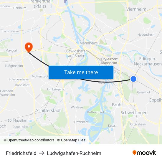 Friedrichsfeld to Ludwigshafen-Ruchheim map