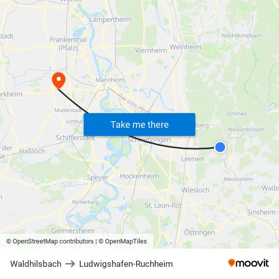 Waldhilsbach to Ludwigshafen-Ruchheim map