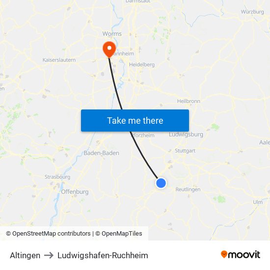 Altingen to Ludwigshafen-Ruchheim map