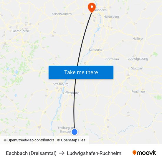 Eschbach (Dreisamtal) to Ludwigshafen-Ruchheim map