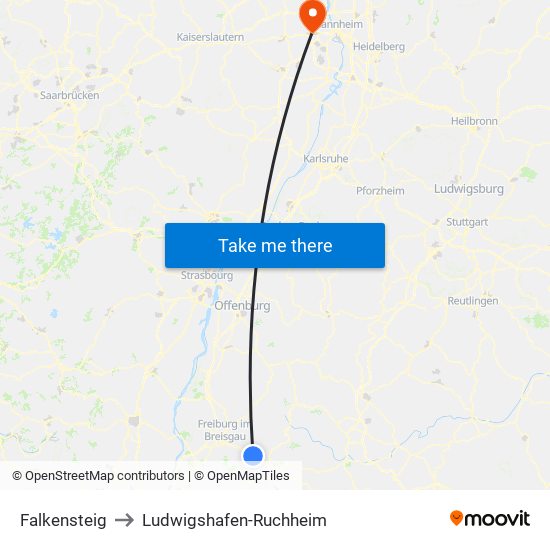 Falkensteig to Ludwigshafen-Ruchheim map