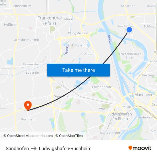 Sandhofen to Ludwigshafen-Ruchheim map