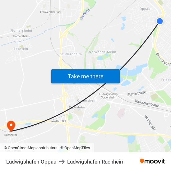 Ludwigshafen-Oppau to Ludwigshafen-Ruchheim map