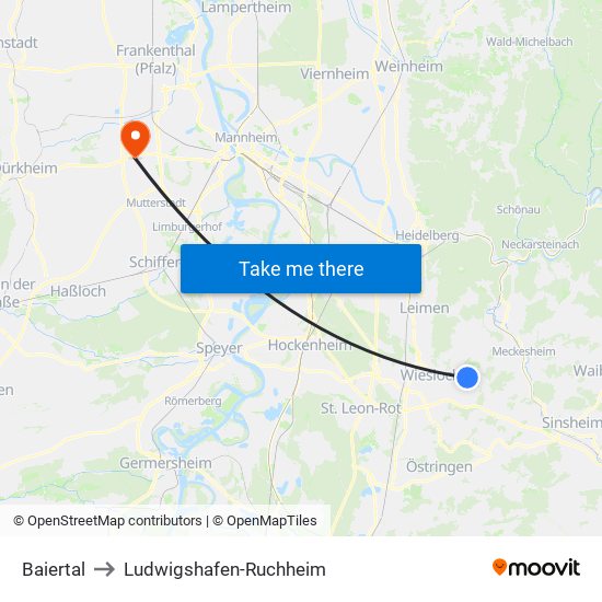 Baiertal to Ludwigshafen-Ruchheim map