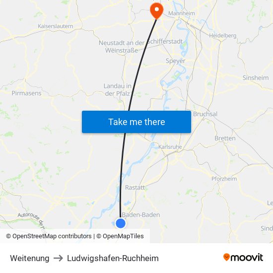 Weitenung to Ludwigshafen-Ruchheim map
