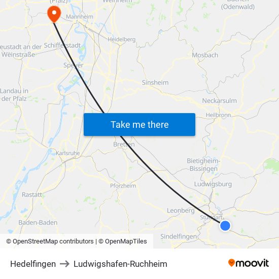 Hedelfingen to Ludwigshafen-Ruchheim map