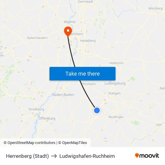 Herrenberg (Stadt) to Ludwigshafen-Ruchheim map
