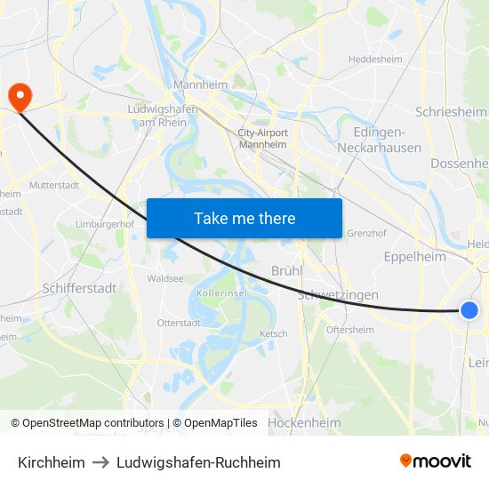 Kirchheim to Ludwigshafen-Ruchheim map