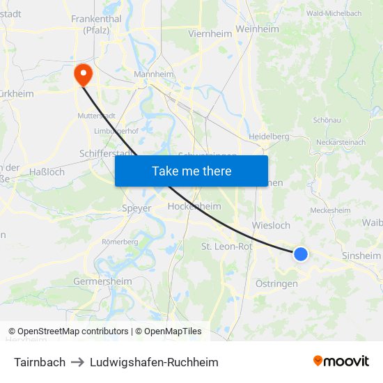 Tairnbach to Ludwigshafen-Ruchheim map