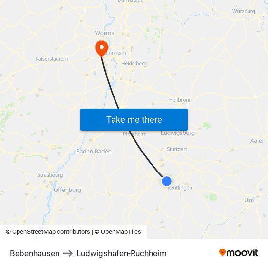 Bebenhausen to Ludwigshafen-Ruchheim map