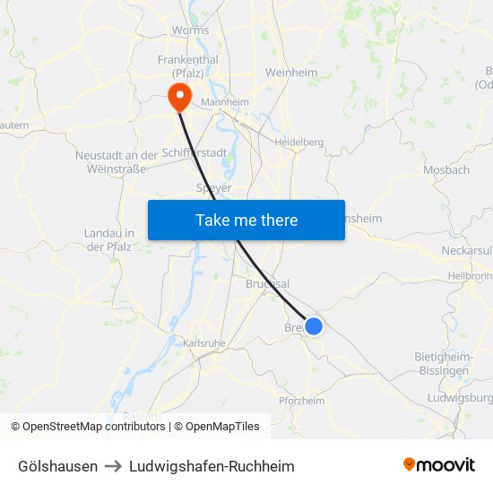 Gölshausen to Ludwigshafen-Ruchheim map