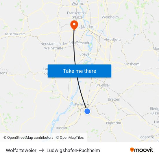 Wolfartsweier to Ludwigshafen-Ruchheim map
