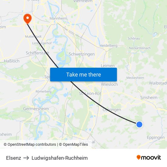 Elsenz to Ludwigshafen-Ruchheim map