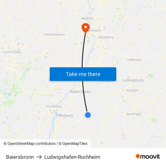 Baiersbronn to Ludwigshafen-Ruchheim map
