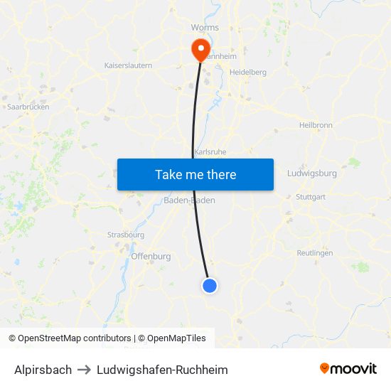 Alpirsbach to Ludwigshafen-Ruchheim map
