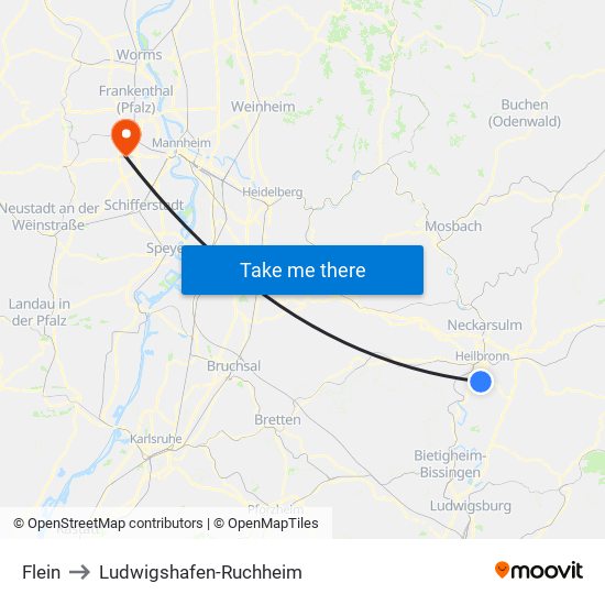 Flein to Ludwigshafen-Ruchheim map