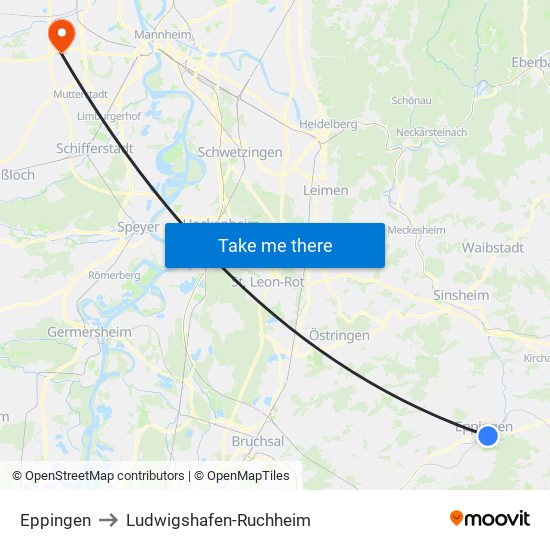 Eppingen to Ludwigshafen-Ruchheim map