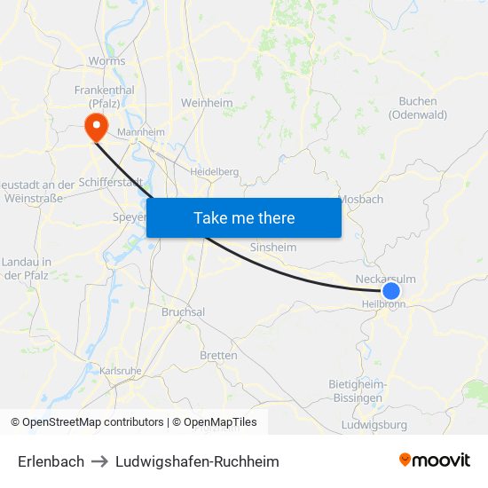 Erlenbach to Ludwigshafen-Ruchheim map