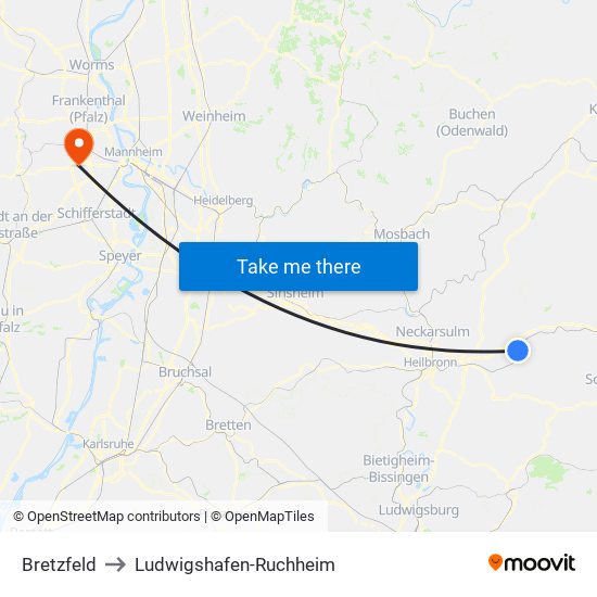 Bretzfeld to Ludwigshafen-Ruchheim map