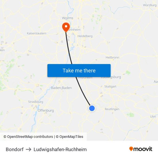Bondorf to Ludwigshafen-Ruchheim map