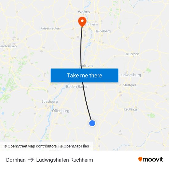 Dornhan to Ludwigshafen-Ruchheim map