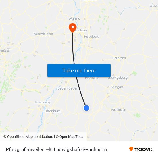 Pfalzgrafenweiler to Ludwigshafen-Ruchheim map