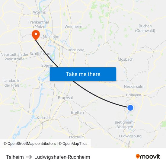 Talheim to Ludwigshafen-Ruchheim map