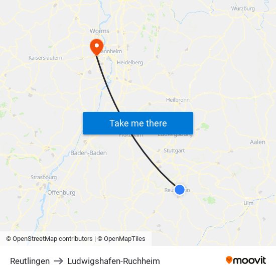 Reutlingen to Ludwigshafen-Ruchheim map