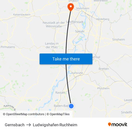 Gernsbach to Ludwigshafen-Ruchheim map