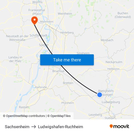 Sachsenheim to Ludwigshafen-Ruchheim map