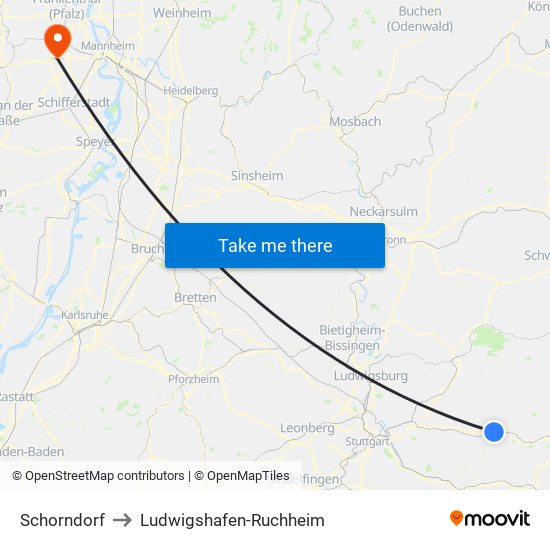 Schorndorf to Ludwigshafen-Ruchheim map