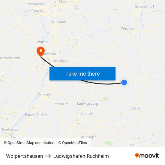 Wolpertshausen to Ludwigshafen-Ruchheim map