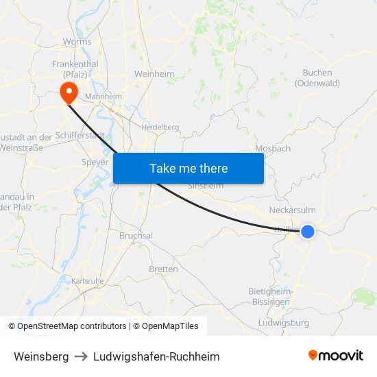 Weinsberg to Ludwigshafen-Ruchheim map