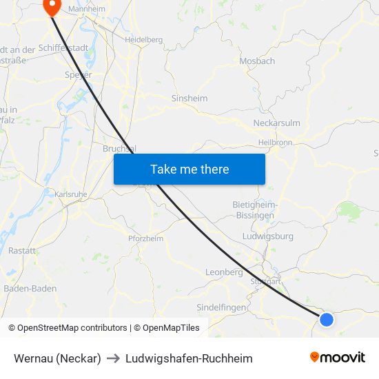 Wernau (Neckar) to Ludwigshafen-Ruchheim map