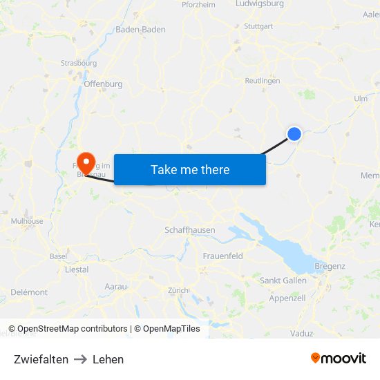 Zwiefalten to Lehen map