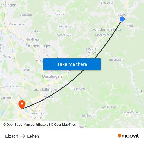 Elzach to Lehen map