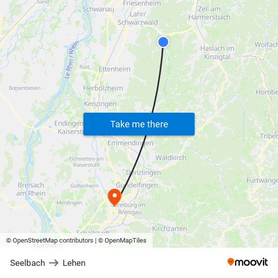Seelbach to Lehen map