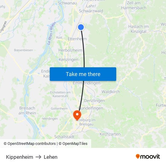 Kippenheim to Lehen map