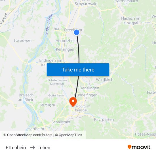 Ettenheim to Lehen map