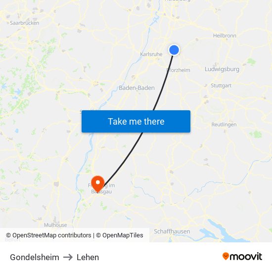 Gondelsheim to Lehen map