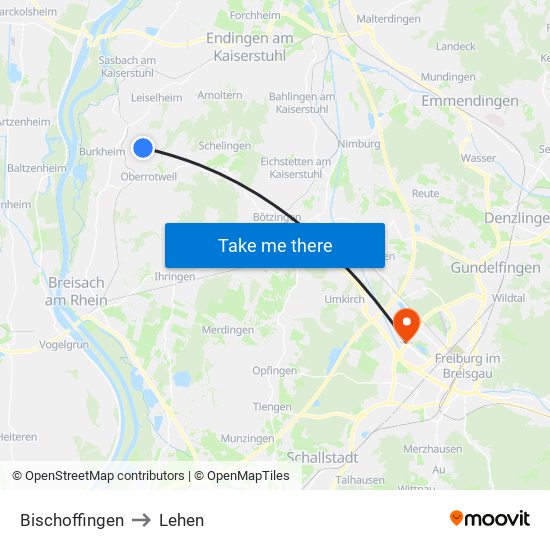 Bischoffingen to Lehen map