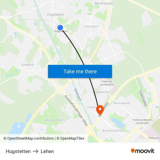 Hugstetten to Lehen map