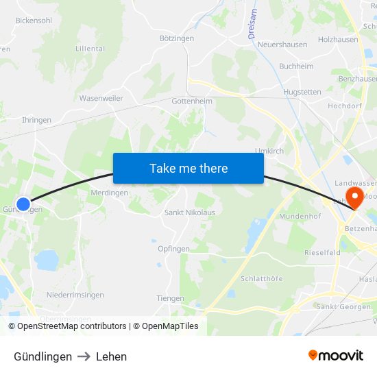 Gündlingen to Lehen map