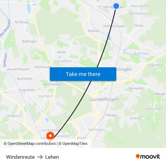 Windenreute to Lehen map