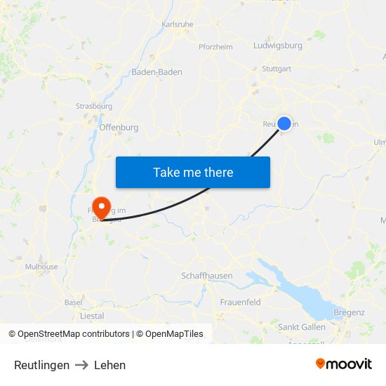 Reutlingen to Lehen map