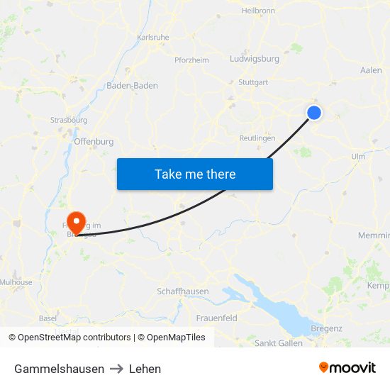 Gammelshausen to Lehen map