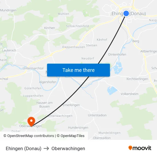 Ehingen (Donau) to Oberwachingen map